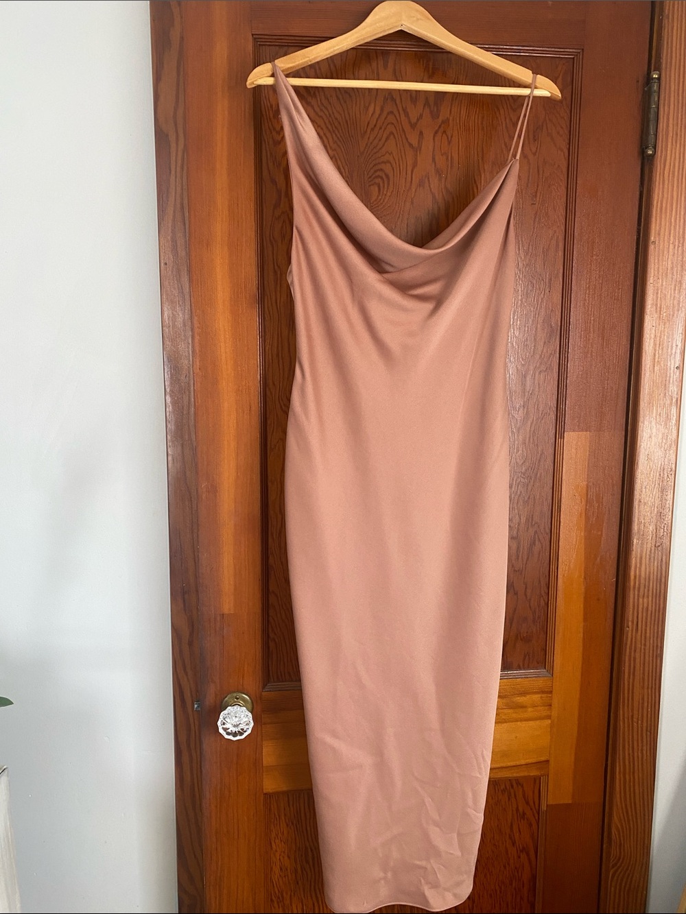 Anthropologie Satin Cowl Midi Dress in Blush Brown
